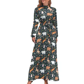 Рокля с едно забавно принтом лисици, дълъг ръкав, листа от горски животни, модерно макси рокля с висока воротом, модни дълги рокли впечатлява със своя бохемски стил по поръчка-подарък