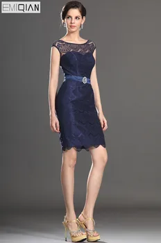 Безплатна доставка Елегантен коктейл рокля с къси ръкави и тъмно синя дантела