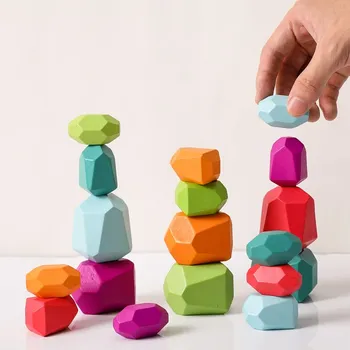 Дървена детска играчка Монтесори, градивен елемент, цветен дървен камък, креативна игра-пъзел, в скандинавски стил и забавни играчки