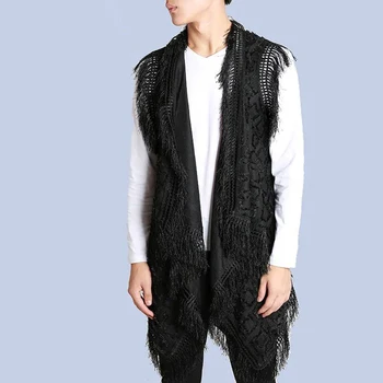 Корейски модерен дълга жилетка с пискюли, мъжки готически ретро яке-жилетка без ръкави, ежедневното палто с нередовни ресни, сексуална лейси градинска облекло