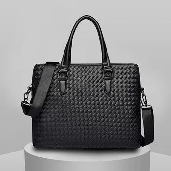 Мъжки възли чанти от изкуствена кожа, бизнес чанти на рамо ръчна изработка, плетени модерна чанта за лаптоп, работно портфолио на съпруга си