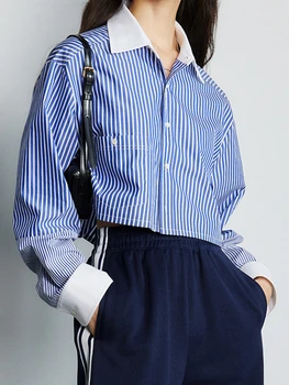2023 Реколта Корея, Нова в памучна Блуза в Синьо Райе в стил Мозайка, Дамски Дрехи, Ризи, Без Риза, Дамски Camisa Feminina
