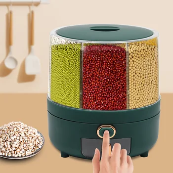 Контейнер за съхранение на зърно, 6-решетеста диспенсер за ориз, въртящ се с капак, подходящ за кухня