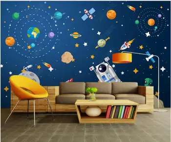 3d фотообои за стени, на рула Карикатура космическа планета космически кораб, астронавтите детска стая начало декор на 3d панел на стената