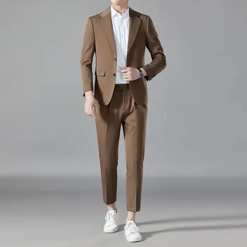 Елегантни мъжки костюми, модерен бизнес случайни блейзър, строго кафяви палта, облекло за сватбеното парти (яке + панталон, комплект от 2 теми