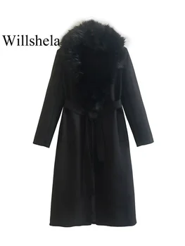 Willshela модно Дамско черно палто, вълнена с джобове, ретро силует с ревери и колан, дълъг ръкав, дамски стилни връхни дрехи