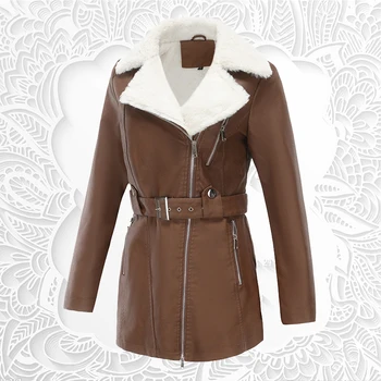 Есенно-зимни нова плюшен кожено яке с дълъг ръкав, дамски колан с цип с двоен ревера, за топлина, висококачествено палто
