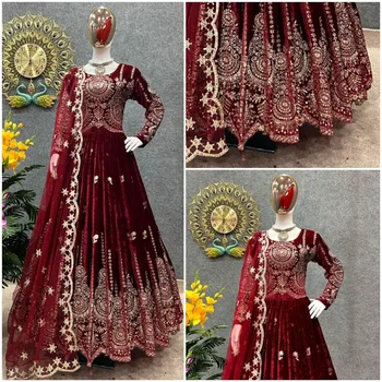 Празнична облекло Dupatta, рокля с цвят на червено вино, са били разкроена Кърт, индийски дизайнер Anarkali Kurta Kurti