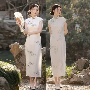 Елегантна жаккардовое атласное Ципао-дълга рокля в китайски стил Ципао с къс ръкав в ретро стил, китайското ежедневна рокля