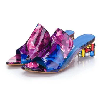 Кристални сандали, дамски сандали с отворени пръсти на площада обувки, пролетно-летни обувки, сандали, дамски обувки, Sandalia Feminina