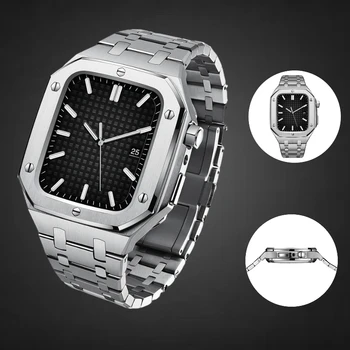 Метална каишка + калъф, вграден комплект за защита от падане за Apple watch 6 5 44 мм, часовници е от неръждаема стомана, висококачествена гривна за iwatch 8 7 45 мм