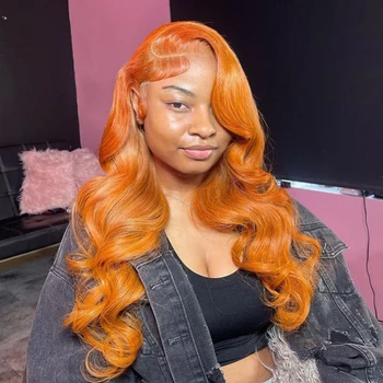 Оранжев джинджифил костен съраунд вълнообразни перука 13x4 13x6 Прозрачен перука, завързана с Т-образна част от джинджифил, перуки, изработени от човешка коса отпред, перуки за жени, плътност 250%