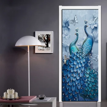 Аксесоари за врати стикер 3D пеперуда Паун художествена маслени картини рисувани стенни Дневна спалня PVC самозалепващи се тапети за декориране на врати