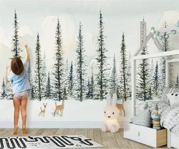 Фотообои тапети Скандинавски проста ръчно рисувани лосове борова гора, горски пейзажи спалня хол фон на стените, 3d тапети