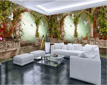 beibehang Фентъзи красиви тапети арка големи колони пасторални цветя паун къща стенописи papel de parede тапети