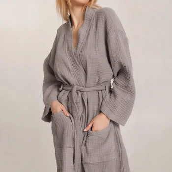 Нов халат за баня, дамска нощница с дълъг ръкав, благородна пижама от креп-памук, свободен удобен домашен халат, нощен дрехи за жени