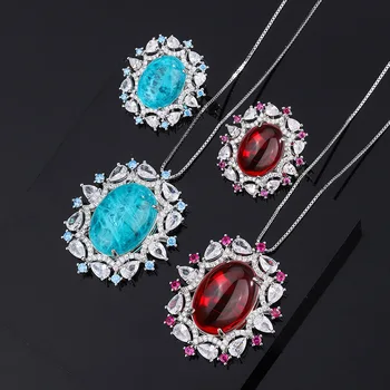 Колие с окачване от овалния кристал Paraba, пръстен с рубин, бижута комплект с високо качество, сватбени аксесоари за жени, луксозен подарък за булката