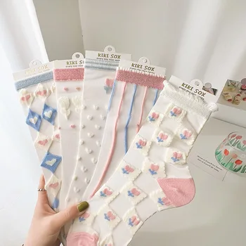 Нови летни фини дамски чорапи Секси дантелени окото мрежести, прозрачни чорапи за екипажа на Ежедневната мода Harajuku градинска облекло кристални копринени чорапи