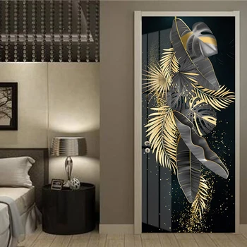 Самозалепващи стикер на вратата Модерни и луксозни 3D тапети със златен банан листа, плакат на врата, хол, спалня, водоустойчив 3D стикери