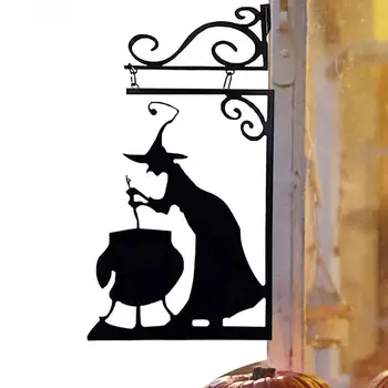 Метален силует на вещица за Хелоуин, окачен знак с бойлер, вещици, украса на двора, железни нагръдници украса за дома, част от