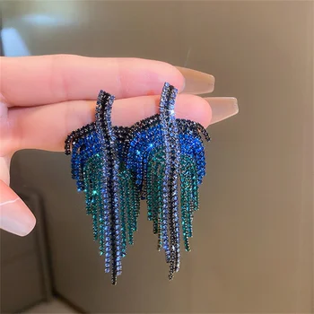 FYUAN дълги висящи обеци с пискюли за жените, 3 стил, сини висящи обеци с кристали, модни бижута и аксесоари