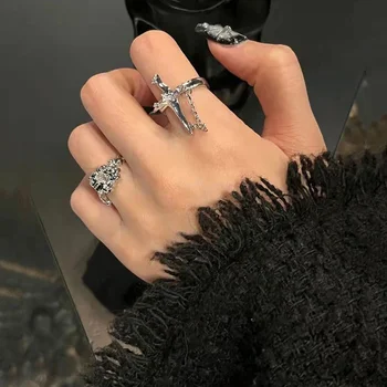 Винтажное пръстен, с голям кръст от кристали за жени, вечерни бижута за мъже, модерен пръстен на пръста си готически метален цвят, коледни подаръци на Едро