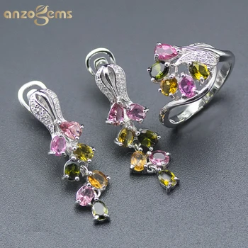 Anzogems комплекти бижута с цветове от турмалин естествен цвят, обеци с рози от сребро 925 проба, пръстен, бижута със скъпоценни камъни за жени, летни декорации