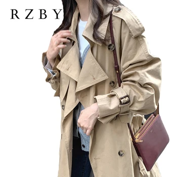 Жена дълъг тренч RZBY, луксозно дамско ежедневното палто с колан, зимна мода двубортная дамски ветровка Femme