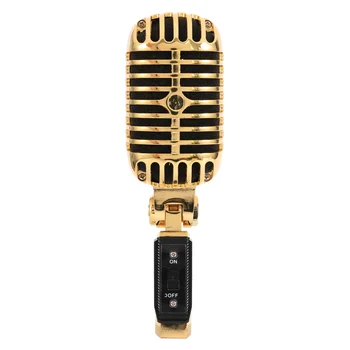 Професионален кабелна класически ретро микрофон, динамичен вокален микрофон с микрофон за караоке на живо (златен)