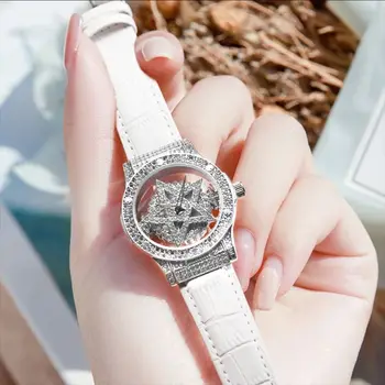 CAR-005 Висококачествени луксозни модни дамски часовници с пентаграма, украсена с диаманти, с кожена каишка, безплатна доставка