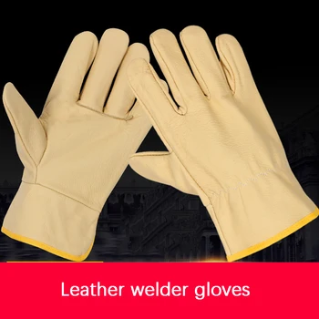 Ръкавици от телешка кожа цвят каки и черни ръкавици на първия слой, ръкавици за заварчици, защитни ръкавици за заваръчна техника, кожени ръкавици