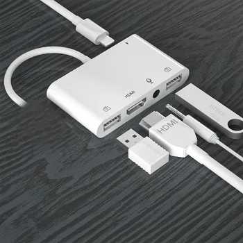 Светкавица iPhone iPad към HDMI, USB 3 OTG Цифров AV адаптер/Кабел за Микрофон Ethernet 3.5 мм Аудио /Ключ Подкрепа Телевизор /Проектор