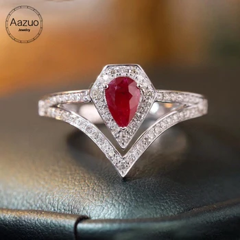 Aazuo Fine Jewerly от чисто бяло злато 18 Карата естествен рубин, истински диаманти, V-пръстени, подарък за жена, сватбен ден, Луксозен банкет, парти