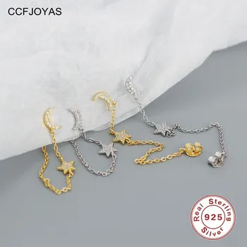 CCFJOYAS 925 сребро, обици-карамфил с пискюли във формата на Луната и звездите, дамски обеци-карамфил ins, геометрични обеци с кристали Паве, бижута, подарък