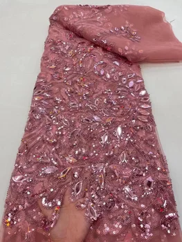 Елегантна розова лейси плат в африканския стил, 5 ярда, висококачествено френско тюлевое дантели, с пайети, нигерийски сватбен завързана материал Asoebi