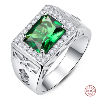 Мъжки пръстени от сребро 925 проба с квадратна зелена цирконий, выложенным диаманти, мъжки пръстен с изумруд-бял кубическим цирконием, годежен пръстен