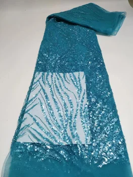 Синя дантела, африканска френска лейси плат 2023, висококачествена дантела с мъниста и пайети за младоженеца, нигерийски дантелени платове за вечерна рокля