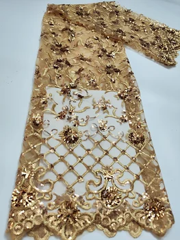 2023 Златна благородна африканска лейси плат с френски пайети за сватба, най-новите нигерийская лейси плат за шивашки рокли PLP2305
