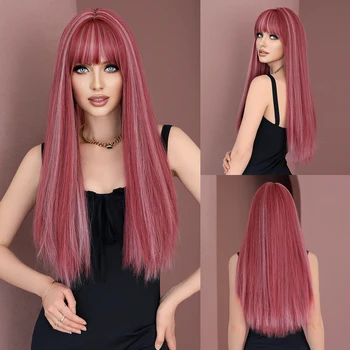 NAMM Дълги прави розови перуки с бретон за жени, бяла популярен сладък синтетични перука за ежедневна cosplay