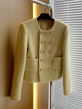 Есенно-зимния марка, луксозен туид кратък сако, палто, дамски елегантен френски златен двубортный вълнен костюм, връхни дрехи Casaco