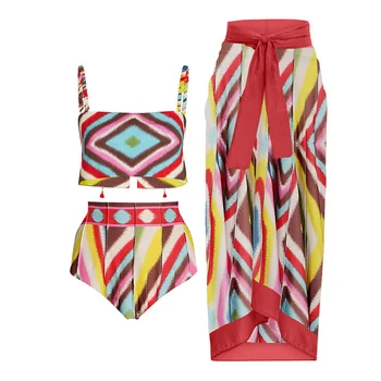 Модерен комплект бикини с цветен принтом и пола, празнична плажна рокля, дизайнерски бански костюми, летни дрехи за сърфиране