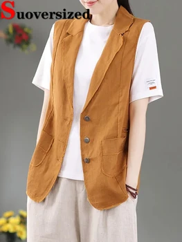 Винтажное памучно семе и лененото коварен ежедневното елегантна свободно палто, нова горна дреха без ръкави, корейски модерен женски жилетка, пролетни якета