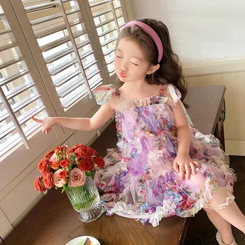 Елегантна шифоновое рокля-прашка с цветя за момичета 2023, лятно ново корейското ежедневното принцеса рокля без ръкави с многослойно мрежесто подолом