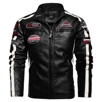 Мъжки реколта мотоциклетът яке, мъжки модни нова байкерская кожено яке, мъжко яке-бомбер с бродерия, зимно палто от изкуствена кожа