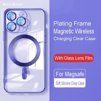 Луксозно покритие, прозрачен магнитен калъф за безжичното зареждане Magsafe за iPhone 14 13 12 Pro Max 14Plus, мека силиконова със стъклен капак на обектива