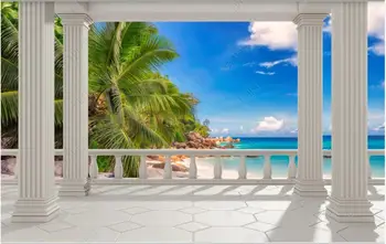 3d тапети с потребителски фотообоей в европейски стил балкон плаж кокосова палма изглед към морето декор на 3d фотообои на стената