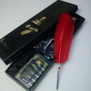 Ретро дръжка от естествени пера от Пуйка с подарък предавателна кутия, писалка, подарък дръжка