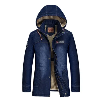 Mcikkny Модерен мъжки зимни топли дънкови якета с руното облицовка, термална връхни облекла, потници за мъже, парк, свалящ шапка