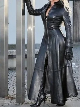 Зимни дамски модни дълго яке от естествена кожа в стил киберпънк, ежедневни, копчета, обикновена палто, байкерская сако с ревери, големи размери
