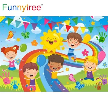 Funnytree с Ден за защита на децата, цветен фон, бебешко парти, дъгата банер, отпечатък на ръцете си, графити, на фона на фотосесия в детската градина